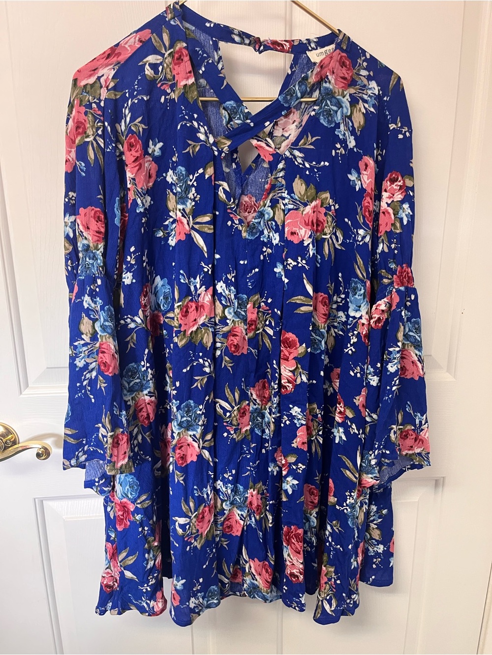 Umgee Royal Blue Floral Ruffle Dress with Pink Roses